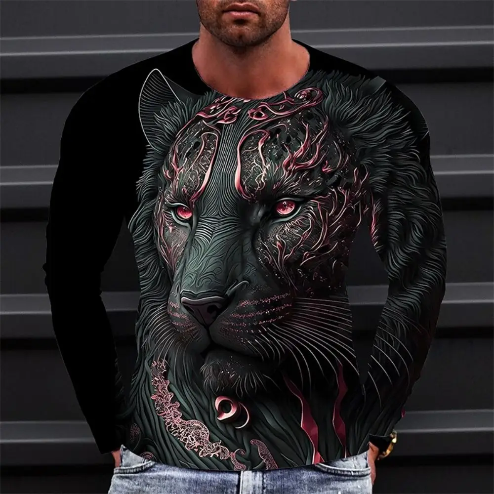 Fashionable 3D Tiger Pattern Printed Men\'s T-shirt Long Sleeved Round Neck Trendy Hot Sale A High Rate Of Second Glance