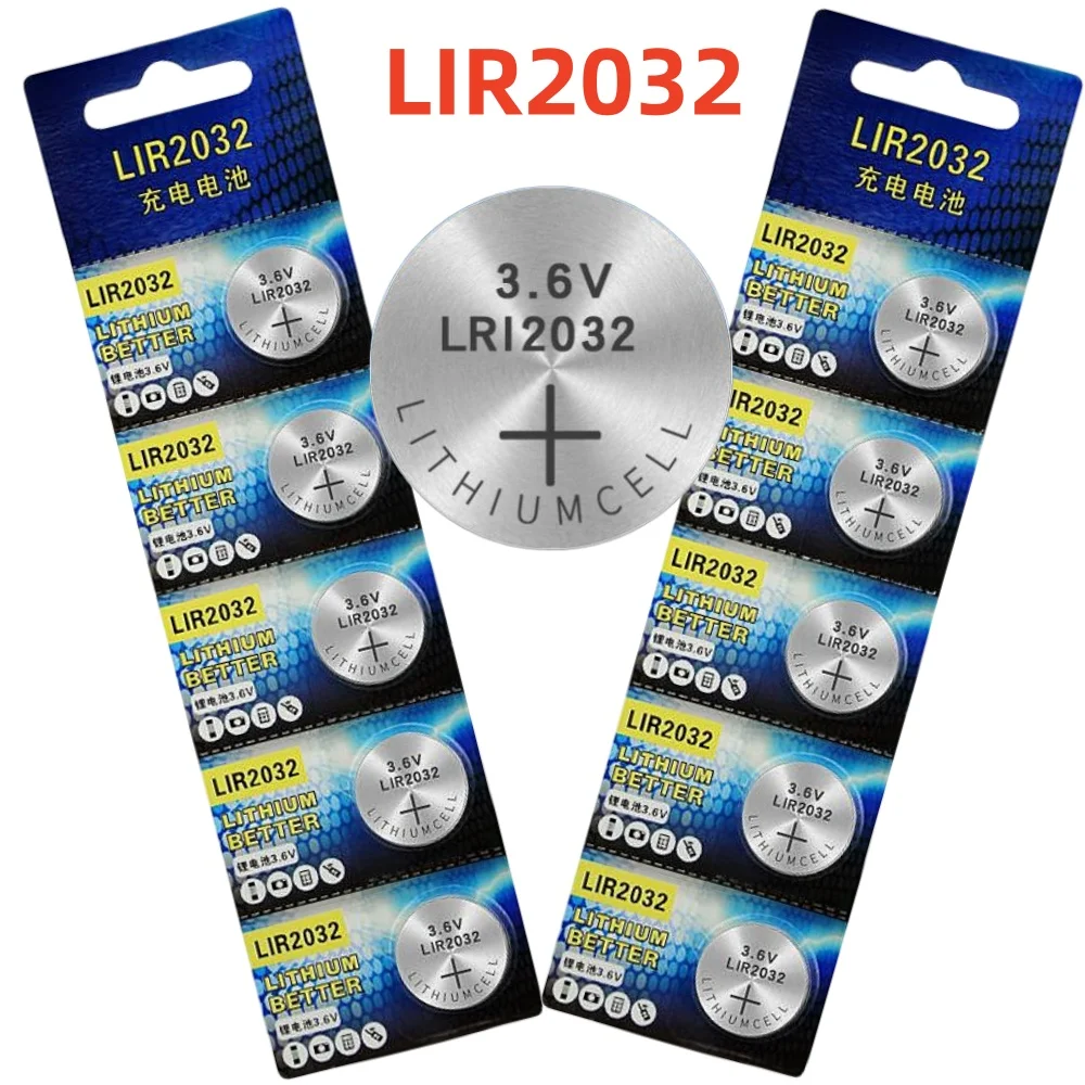 LIR2032 Rechargeable Lithium Coin Battery 3.6V 40mAh Button Cell Replacement for CR2032 Suitable For Watch Remote Control