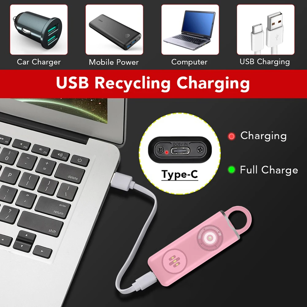 พวงกุญแจเตือนภัยฉุกเฉินเสียงดัง130dB สำหรับผู้หญิง, ไซเรนส่วนบุคคลชาร์จได้ไฟฉายเสียงนกหวีดสำหรับเด็กและผู้สูงอายุ