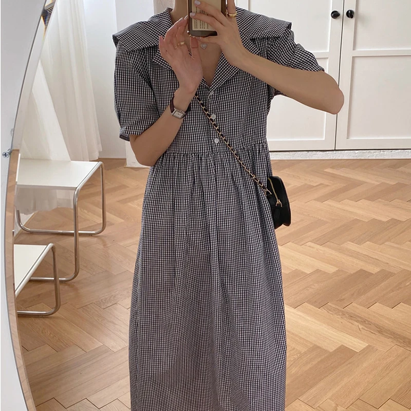 Chic rétro Plaid taille-colletée genou longueur ort-Sve irt Dr femmes Faionable col rabattu fermeture à bouton t-shirt