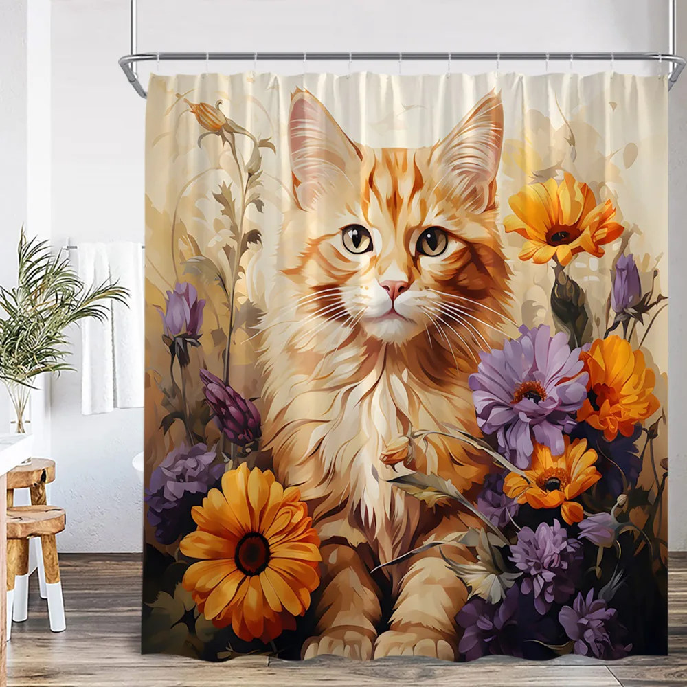 

Cute Cat Shower Curtain Flower Cartoon Animal Sunflower Plant Floral Bathroom Home Decor Modern Polyester Bath Curtain with Hook
