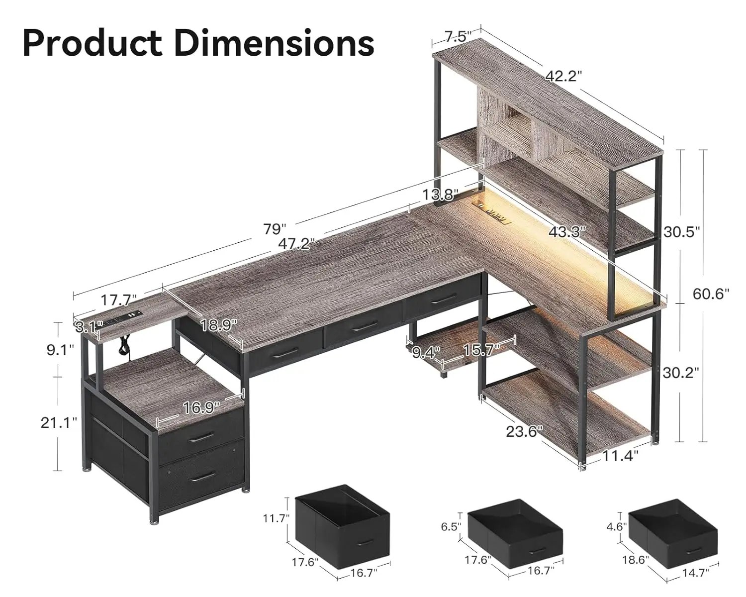 79 inch L Desk 5 Drawers LED Light 2 Power Outlets Reversible Gaming Computer Desk Storage Shelves Home Office, Customized