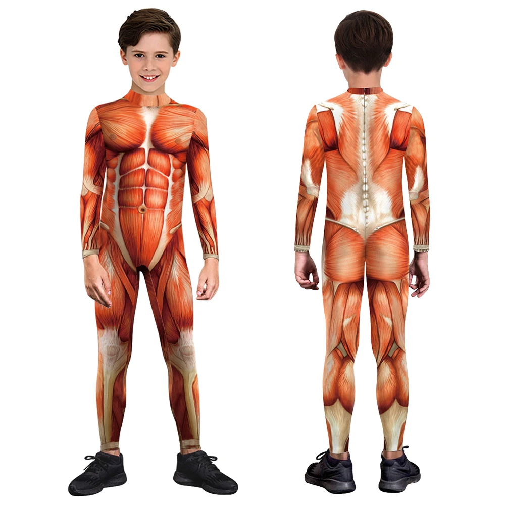 Kids Cosplay Costumes Muscle Print Jumpsuit Boys Girls Bodysuit Outfit Halloween Carnival Party Clothes Children's Day Gifts