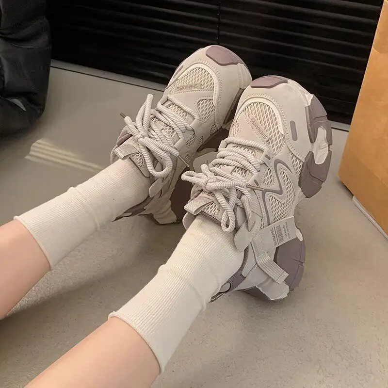 Fashion Mesh Stitching Daddy Shoes Four Seasons Children Platform Casual Shoes Ultra-light Lace-up Girls Sneakers High Quality