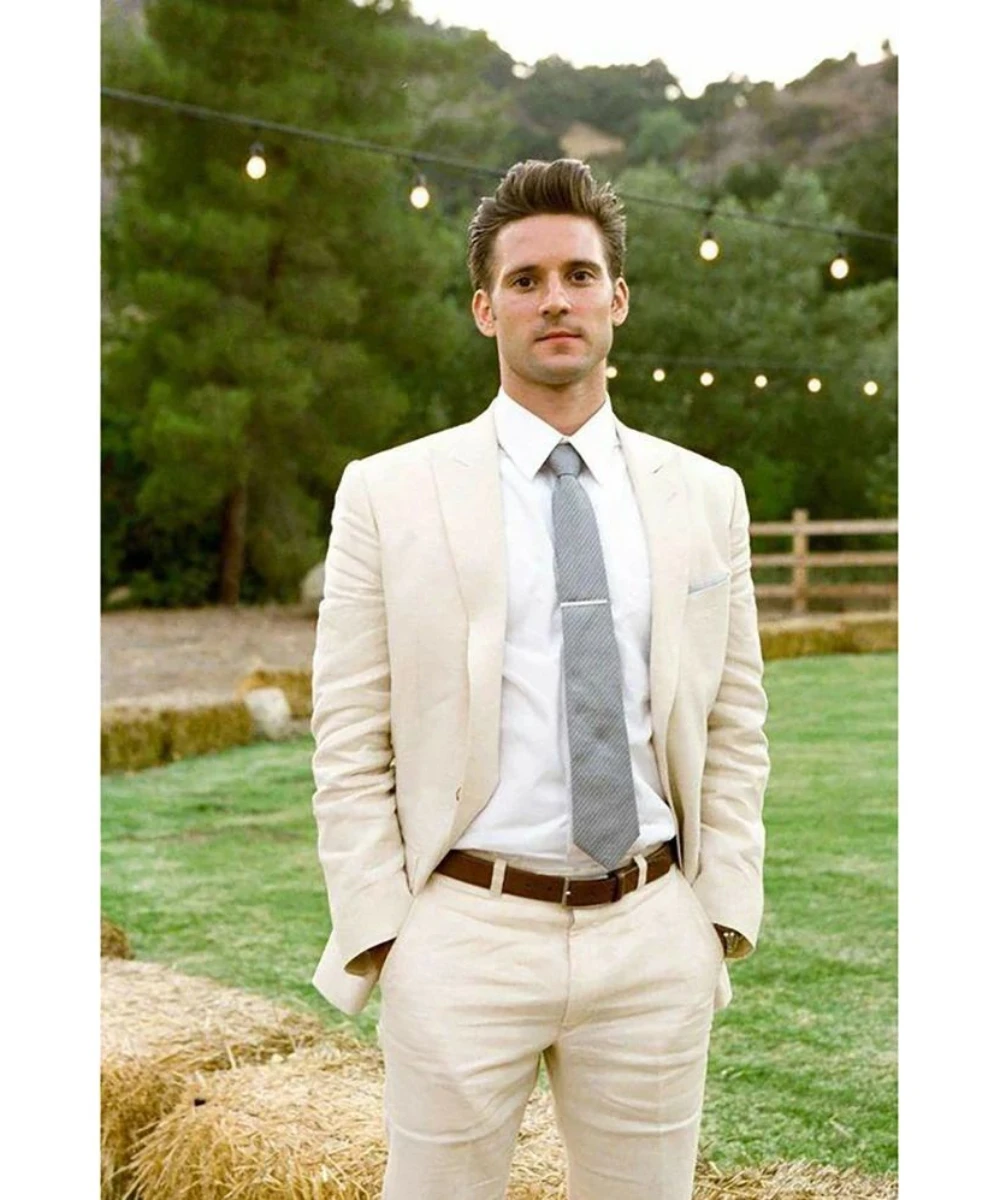 

Hot Selling Beige Linen Single Breasted Men Suit Two Pieces(Jacket+Pants) Lapel Outfits Chic Casual Party Prom Wedding Set