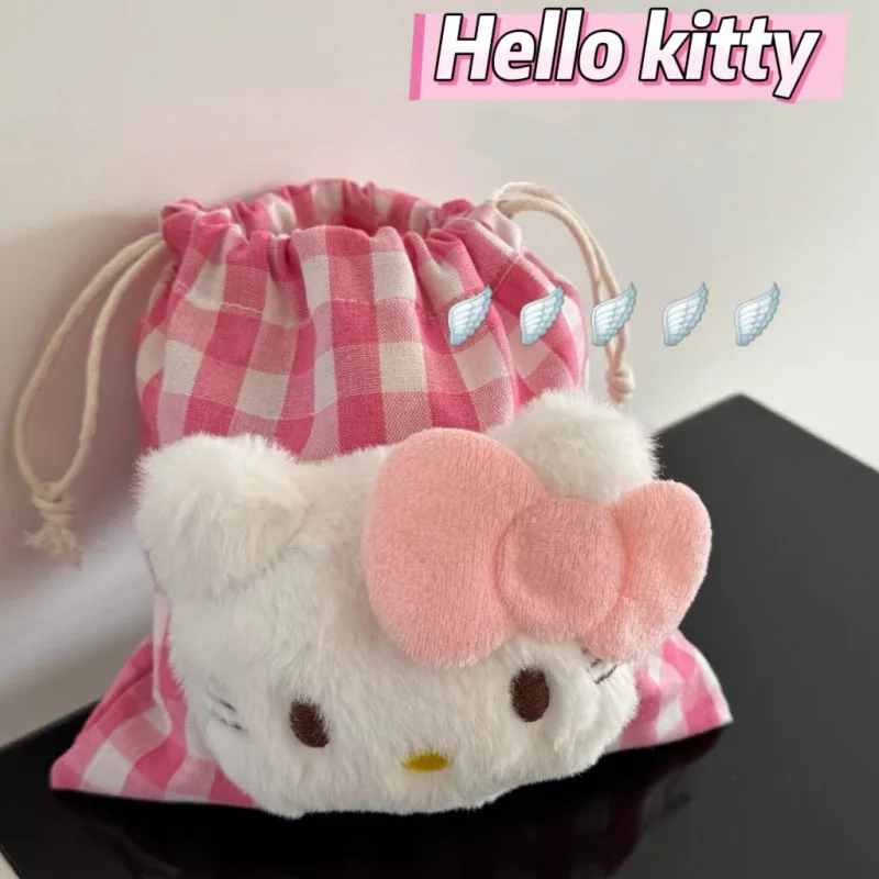 

HelloKitty Lattice Drawstring Bags Makeup Case Anime Pocket Handbags Coin Sanitary Napkin Organizer Portable Satchel Tote Gifts