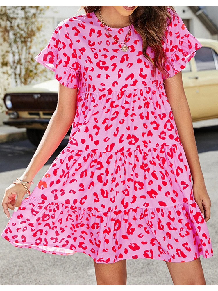 HELIAR Women Boho Sweet Dress abito Casual allentato manica corta o-collo Leopard Printed Dresses Ruffles Beach Vestidos Summer