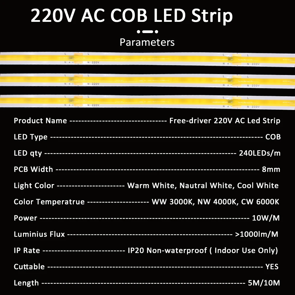 COB LED Strip Lights 220V 230V AC 5M 10M Elastyczna taśma LED FOB Ribbon Stripe 240LEDs Ciepłe, zimne białe oświetlenie liniowe