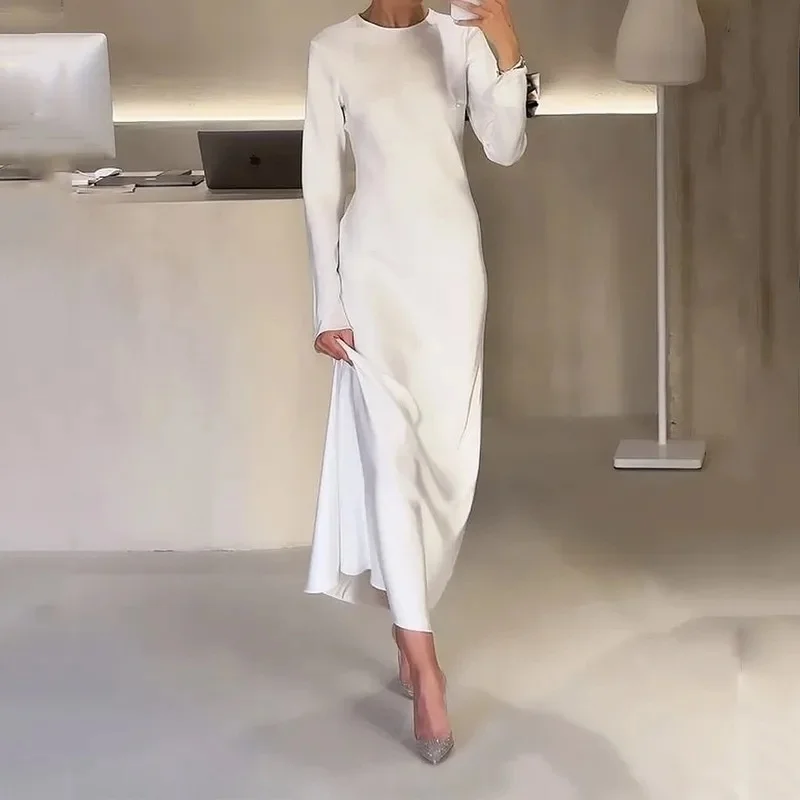 

Сексуальное облегающее длинное повседневное домашнее платье из полиэстера, однотонное, осеннее 2023, с высокой талией, круглым вырезом, А-силуэт, женское