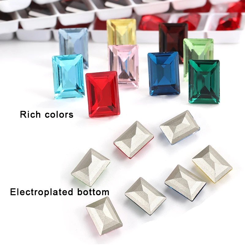 Rectangle Rhinestones for Clothing Accessories Pointback Glitter Glass Glue on Gem DIY Charms Strass Beads Decoration 10x14mm