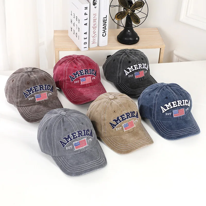 Hot sale washed clothe embroidered American baseball cap for men and women embroidered retro cowboy all-match sunscreen cap