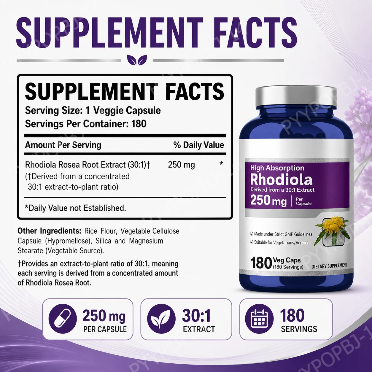 Rhodiola Rosea Supplement 180 Capsules 250mg Plant Extract per Serving Stress Reduction Energy Boost Cognitive Function Support