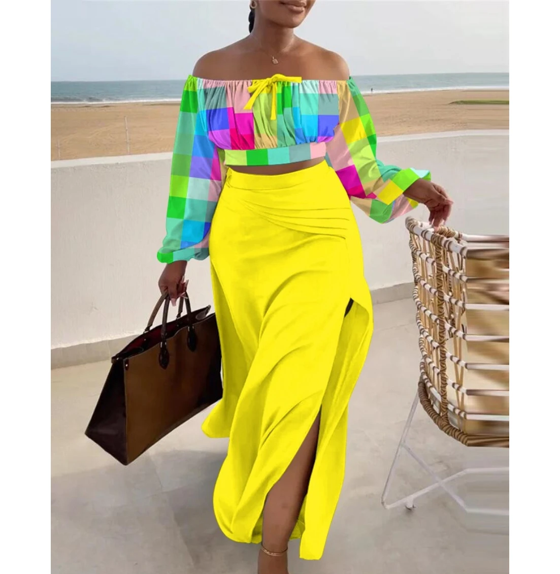 Summer Women Colorblock Print Drawstring Off Shoulder Ruched Long Sleeve Top & Slit Skirt Two Pieces Dress Suit Set Korean Style