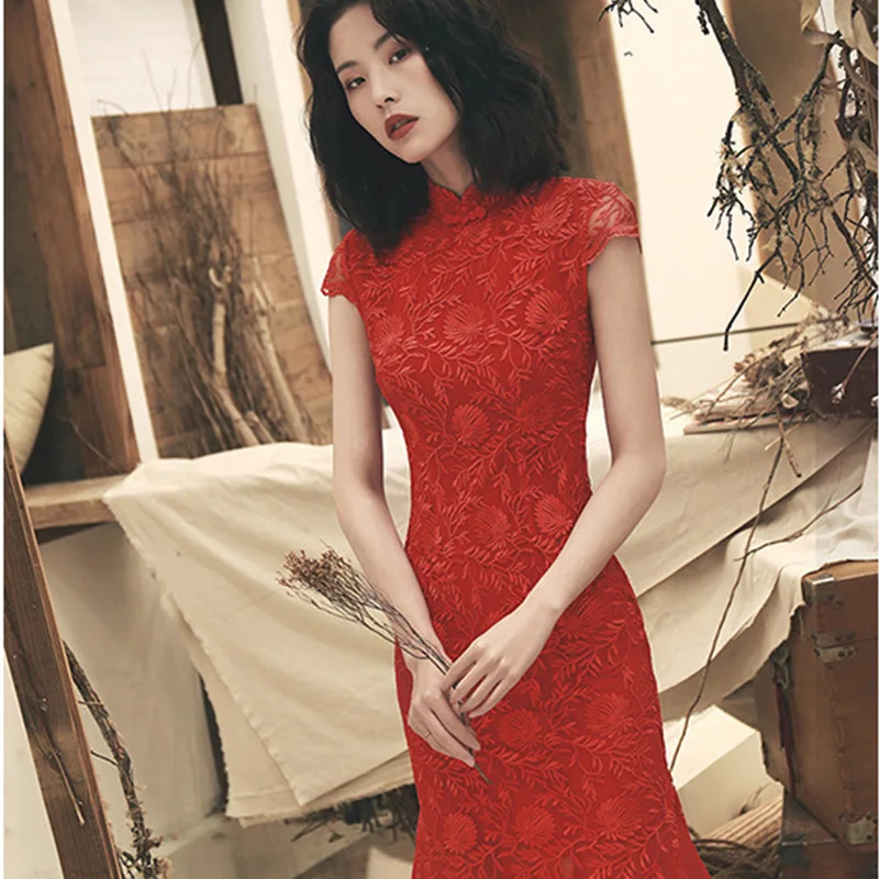 

Sexy Lace Chinese Dress Womens Embroidery Qipao Red Wedding Cheongsam Elegant Traditional Qi pao Full Dress Plus Size 2XL 105