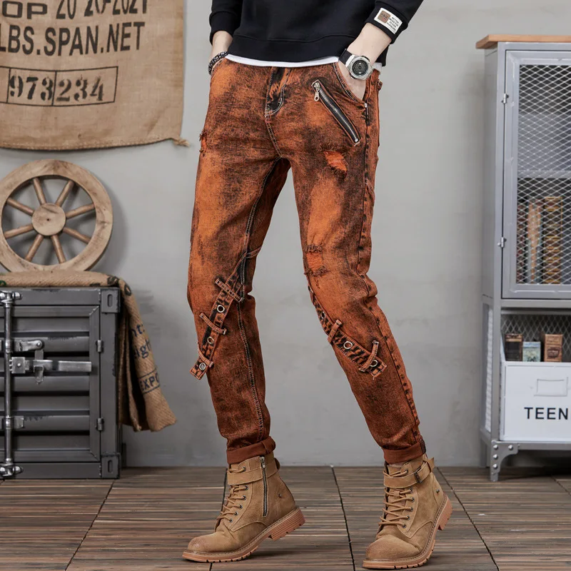 Vintage Designer Boyfriend Tangerine Slim Ripped Jeans Streetwear Personality Splicing Washed Men Casual Slim Denim Pants