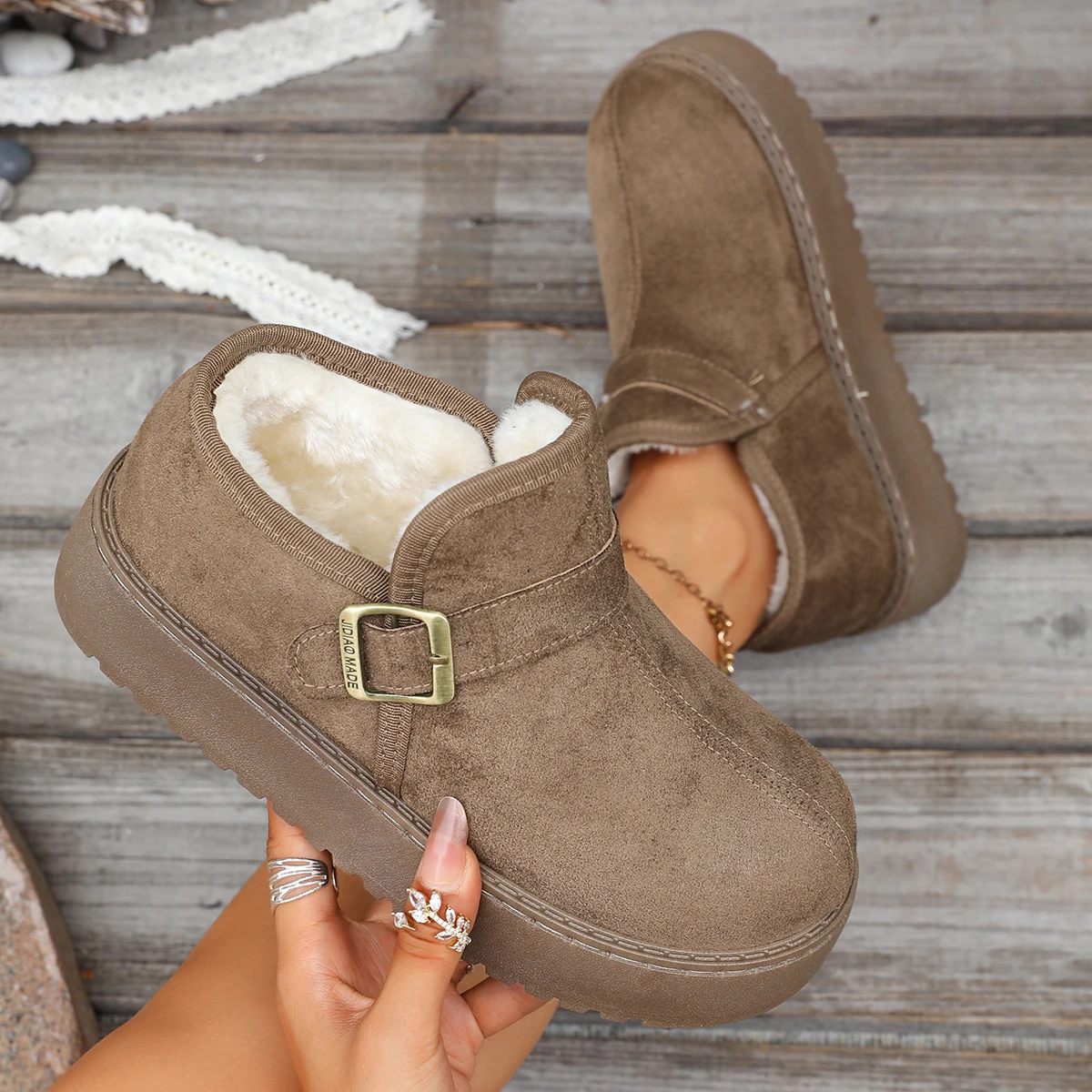 Women Winter Snow Boots Thick Bottom Fleece Lined Belt Buckle Northeast Big Cotton Shoe Short Bread Shoe Women Short Boot