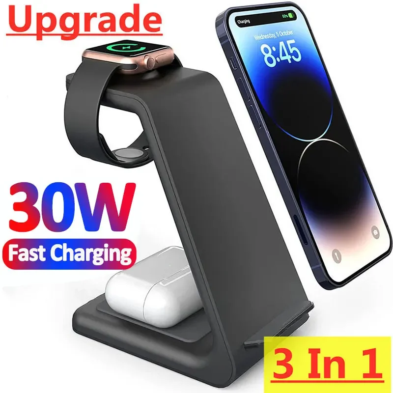 30W 3 in 1 Wireless Charger Stand For iPhone 16 15 14 13 12 11 X 8 Apple Watch 9 8 7 6 5  Airpods Pro Fast Charging Dock Station