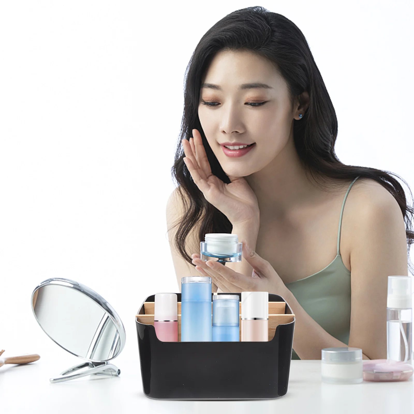 

Organizer Bamboo Wood Storage Case Desktop Makeup Organizer Multi-Grid Design Sturdy Durable Easy to Carry Skincare