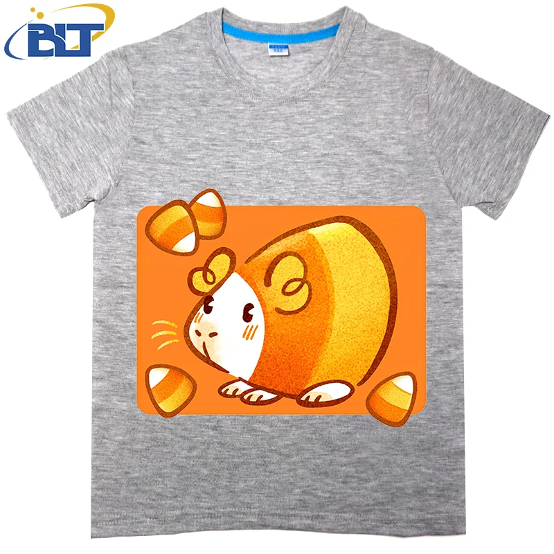 T-shirt de manga curta de algodão para menino e menina, top casual de manga curta, laranja estampado, cobaia, verão