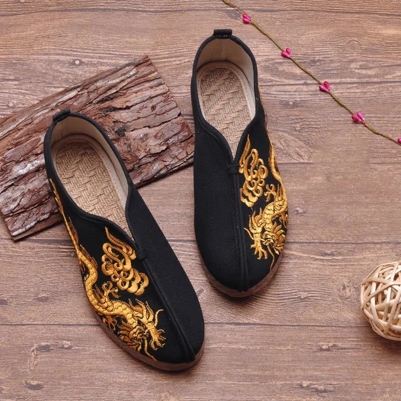 Chinese Style Canvas Shoes Mens Casual Old Beijing Breathable Shoes Embroidery Soft Slip on Espadrilles Loafers Driving Shoes