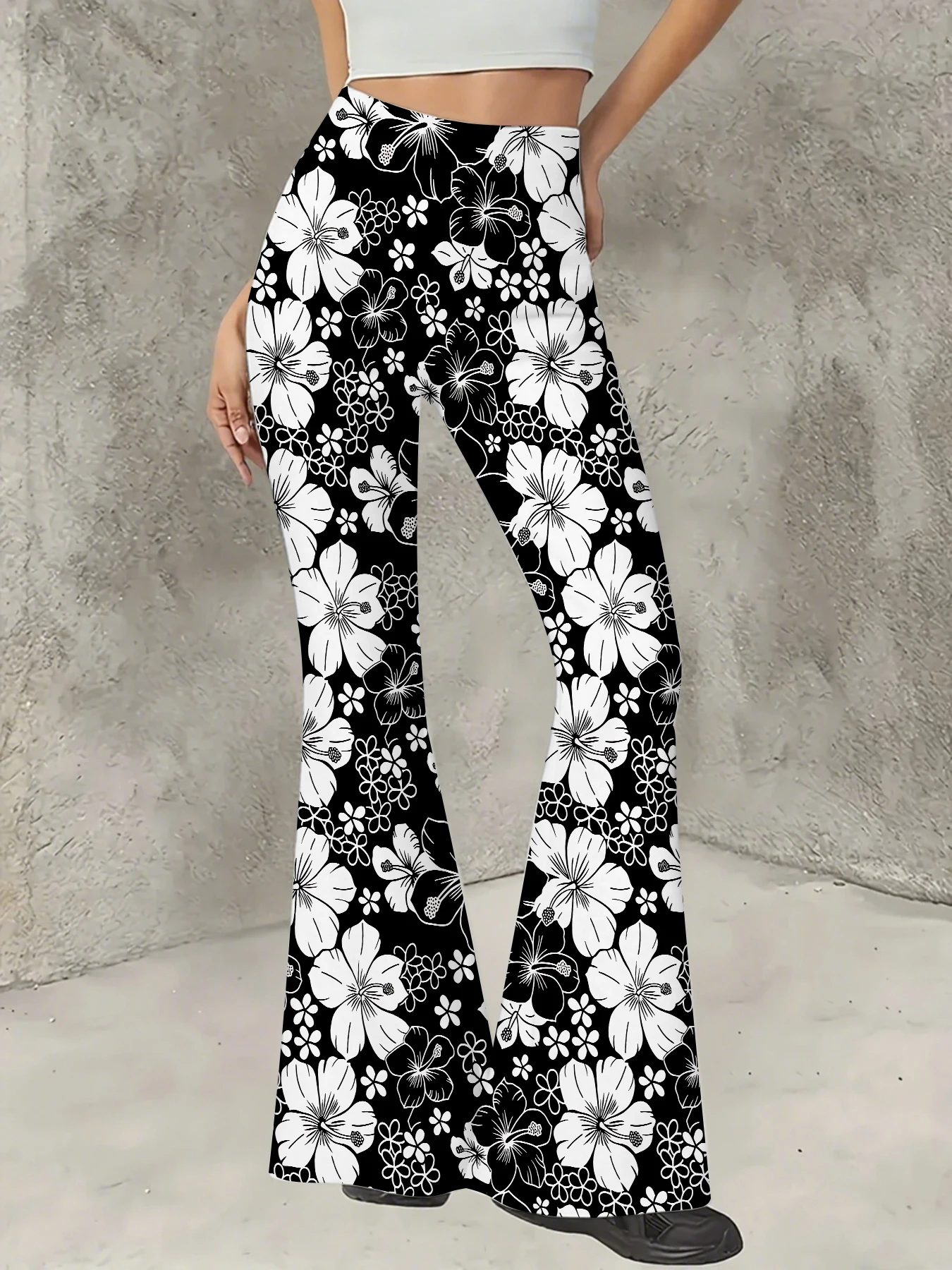 

Women's Print Flare Pants Casual High Waist Knit Bell Bottom Trousers Boho