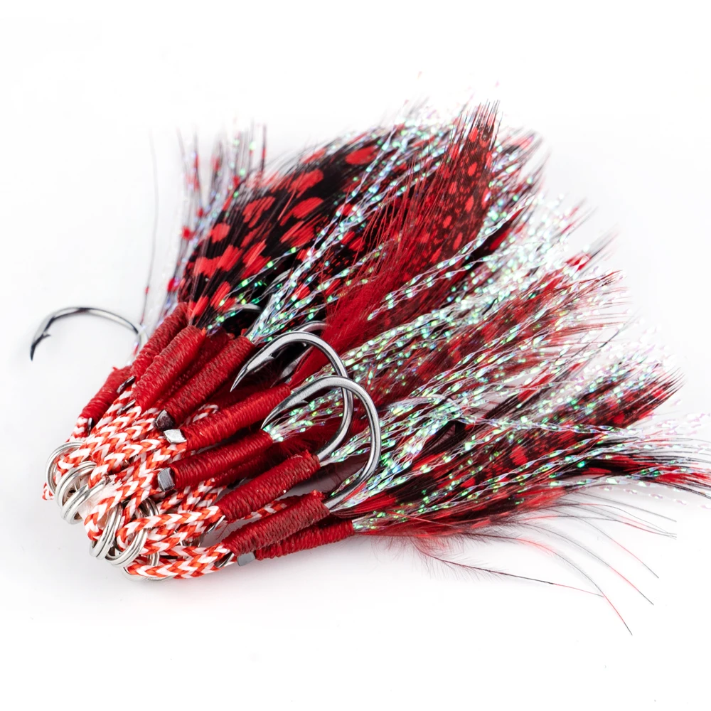 20 Stück Angelhaken mit Feder-Jig-Köderhaken, Angelhaken aus Kohlenstoffstahl, 10 Stück # 11 # 12 # 13 # Slow Single Jigs Assist Hook – Detail 1