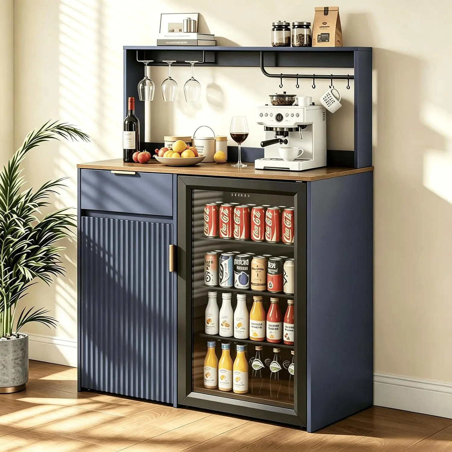 Coffee Bar Cabinet with Fridge Space & Power Outlets, Glass Holder Fluted Storage for Living Room Kitchen Entryway, Customized