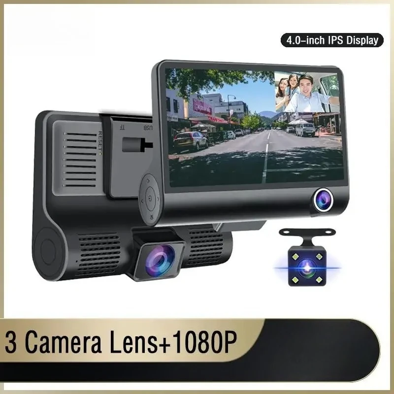 

HONGTONG 4 Inch Triple Lens Dash Cam Front Rear Interior Car DVR with Night Vision 24H Parking Mode Loop Recording