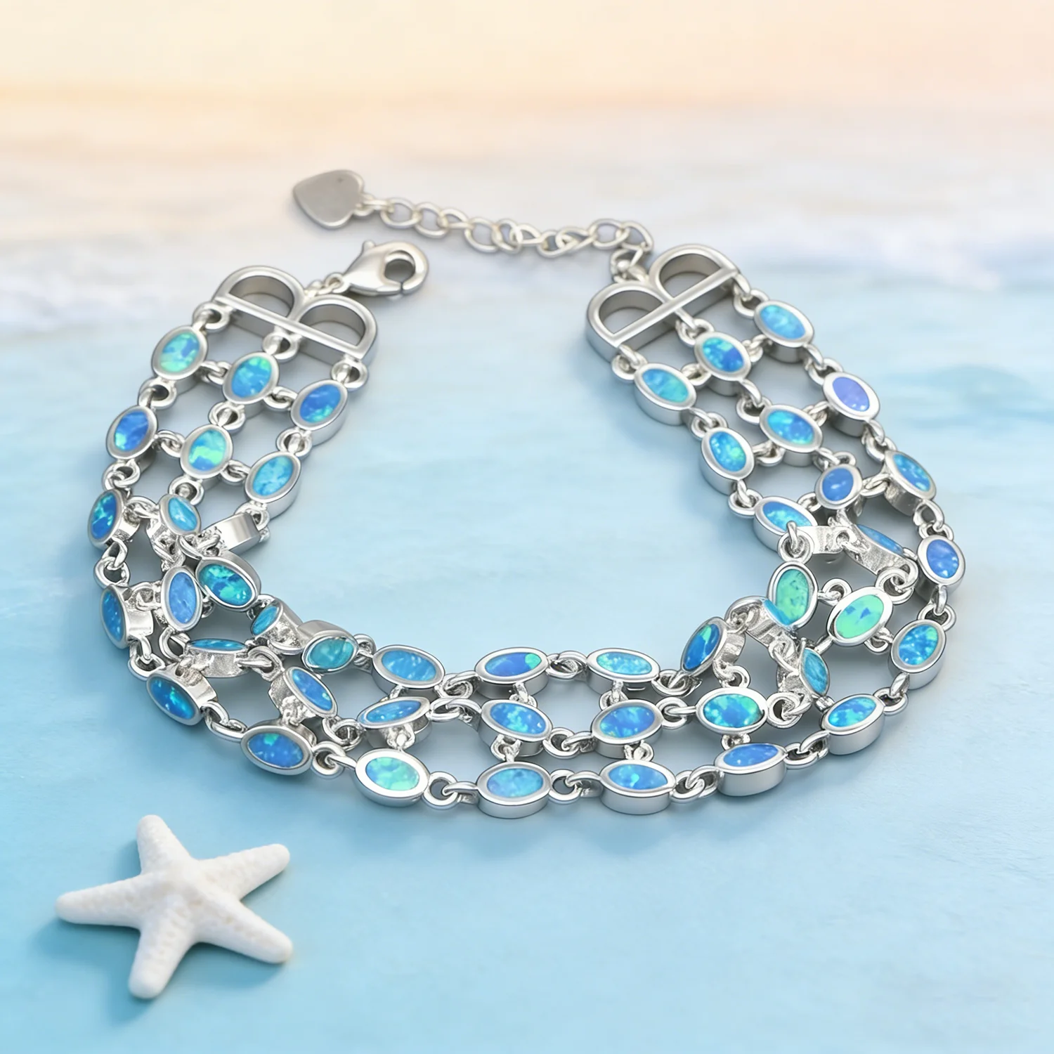 

Серебряный браслет Bohe с многослойной цепочкой и сверкающими овальными опалами, дизайнерское украшение для женщин, подарок на октябрь (камень рождения)