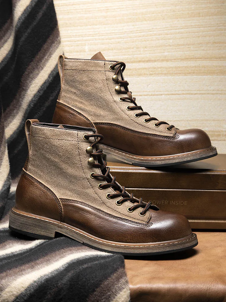 Vintage Mens Motorcycle Riding Ankle Boots Autumn Winter New Cowhide Genuine Leather Spliced Lace Up High Top Work Safety Shoes