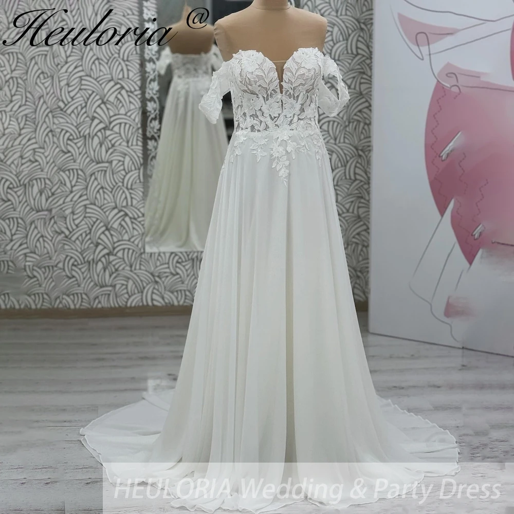 

HEULORIA elegant A line Wedding Dress off shoulder Chiffon Women Lace Appliques Bridal dress Customized
