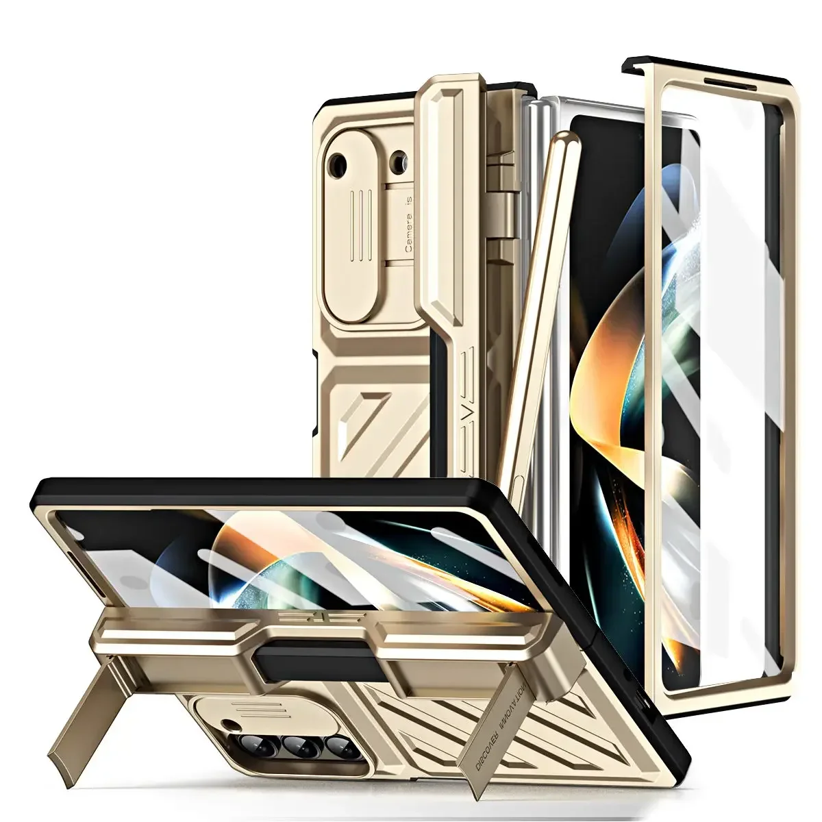 

for Samsung Galaxy Z Fold 6 5 4 Hinge Protection Stylus Case, with Glass Front Film & Slide Lens Cover Ultra Drop-proof Cover