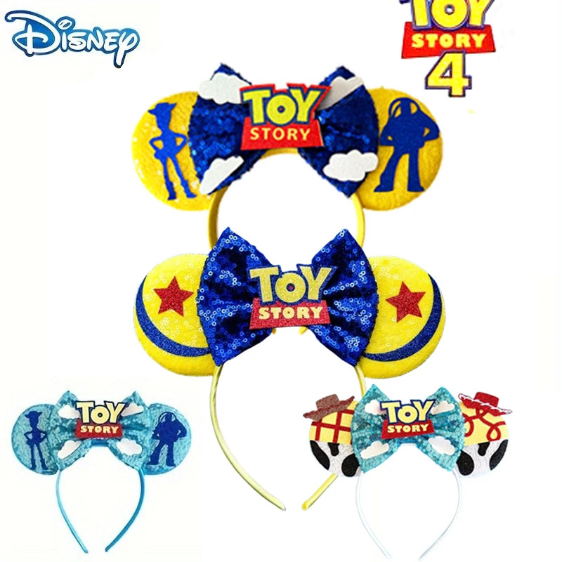 Toy Story Mickey Mouse Ears Headbands Women Sequins Bow Hairbands Girl Pixar Alien Headwear Woody Hair Accessories