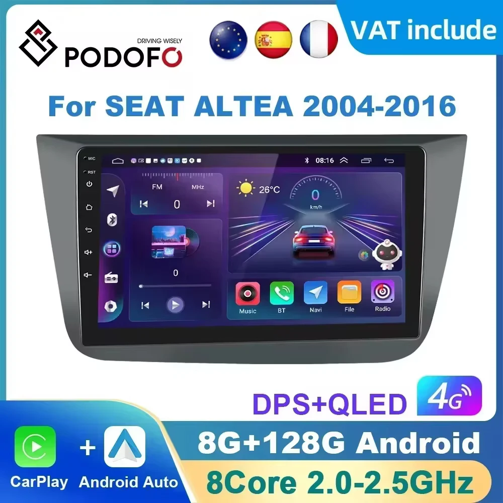 Podofo 2DIN Car Radio Android Autoradio Carplay For SEAT ALTEA 2004-2016 Toledo 3 WIFI GPS Car Multimedia Video Player DSP