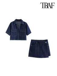 TRAF Women Fashion With Pockets Denim Crop Shirts And High Waist Asymmetric Shorts Skirts Female Two Piece Sets Mujer