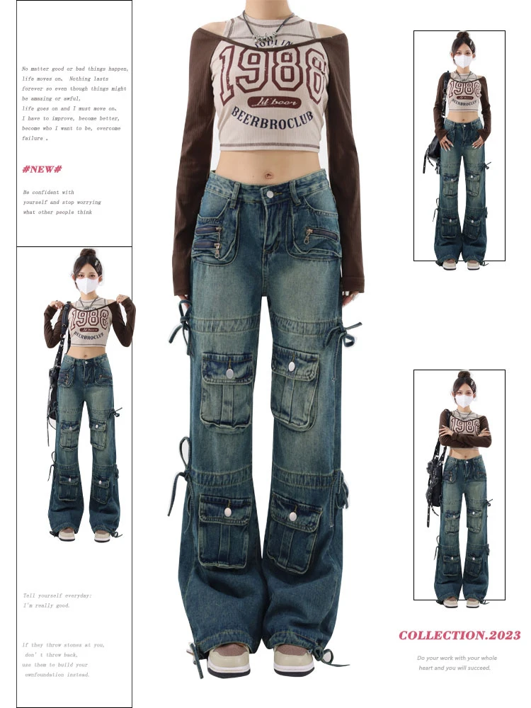 Women\'s Blue Cargo Jeans Y2k Wide Leg Pants High Waist Jeans Korean Aesthetic Fashion Baggy Denim Trouser Vintage Straight Jeans