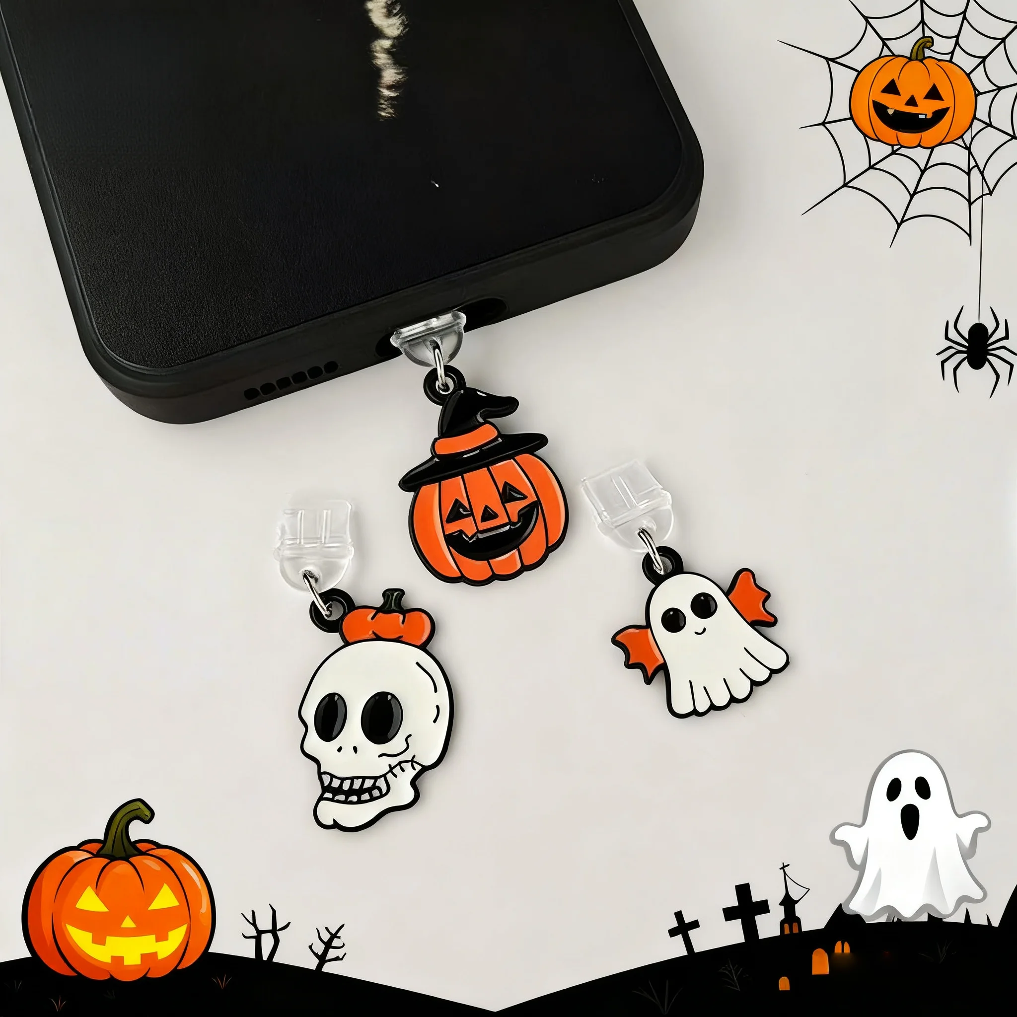 

1 Piece of Cute and Quirky Pumpkin Ghost Skull Pendant Phone Dust Plug, Phone Accessory Decoration, Suitable for iPhone and Type-C, Pumpkin Ghost Skull Design, Perfectly Protects the Phone's Charging Port