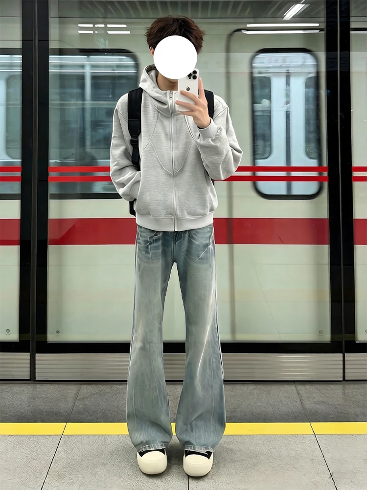 

Lightning Pattern Cowboy Jeans Men's Spring High Street American Vibe Straight Leg Micro Flared Pants Knife Design