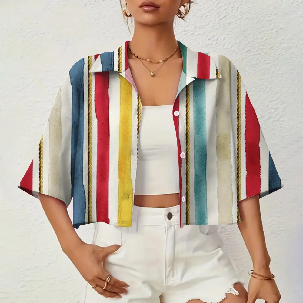 

Women's Shirts & Blouses Crop Top Multicolor Vertical Pattern Printing Shirt Women's Sumer Clothes Short Sleeve Button Blouse