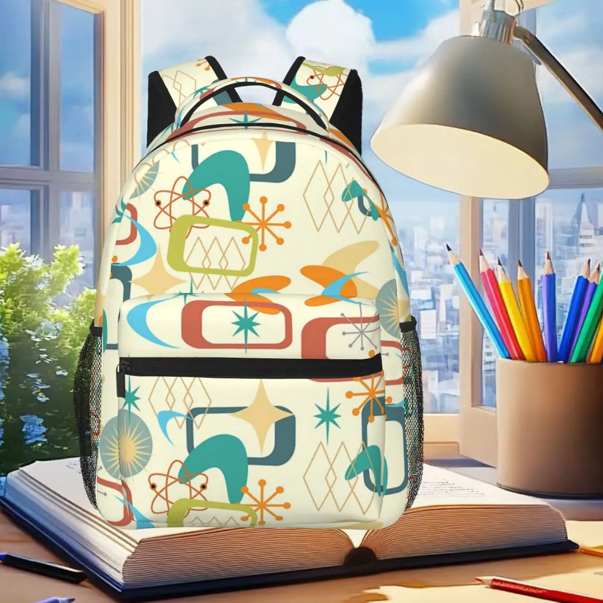 The Atomic Age - Mid Century Modern MCM -Vintage Shape Pattern Backpack Boys Girls BookBag School Bag Laptop Shoulder Bags