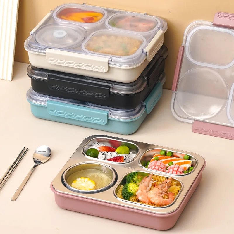 Protable 304 Stainless Steel Lunch Box four Compartments Microwave Heating For Office Worker Student