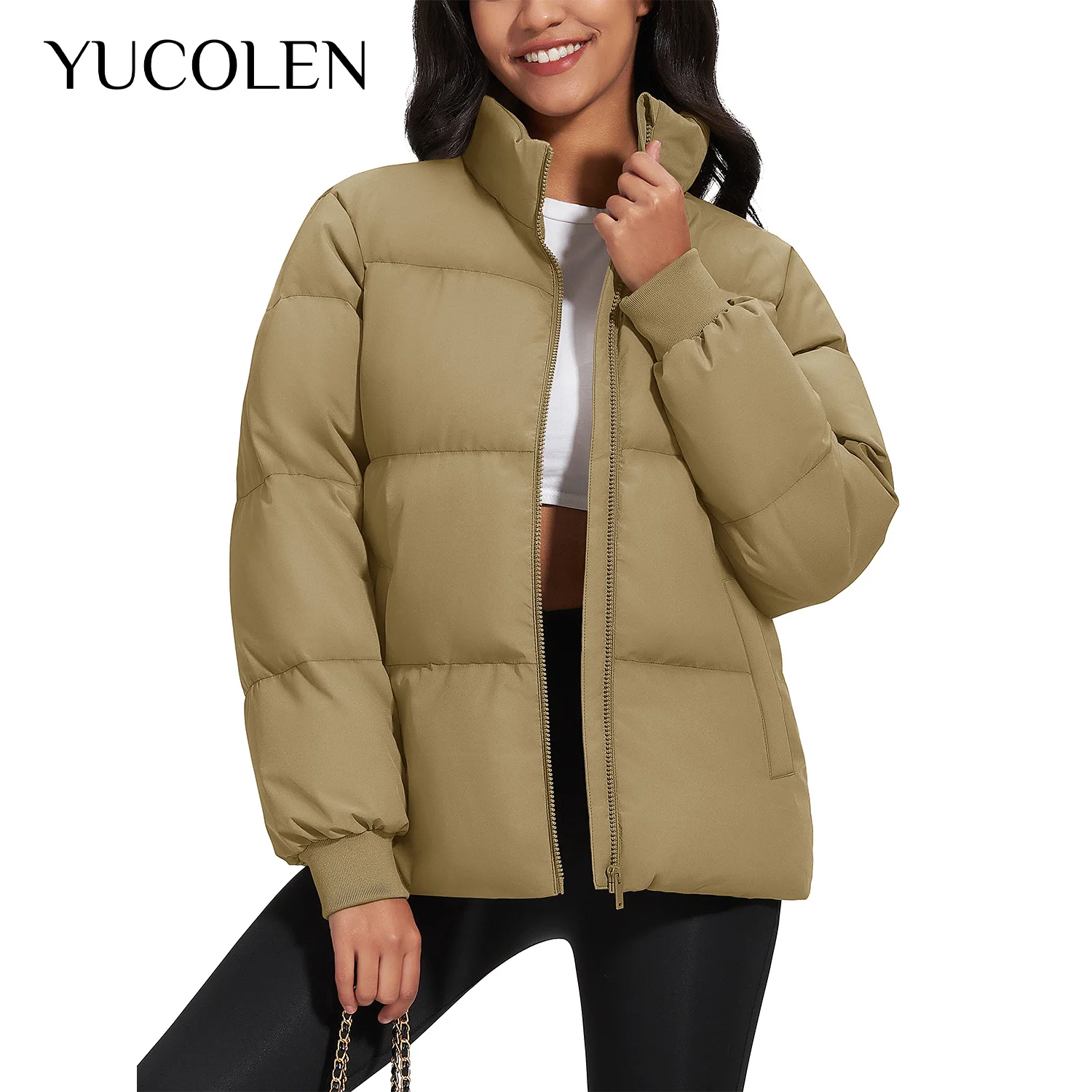 YUCOLEN Womens Short Duck Down Jacket Stand Collar Zip Up Puffer Coat Water‑Resistant Winter Outerwear with Adjustable Hem