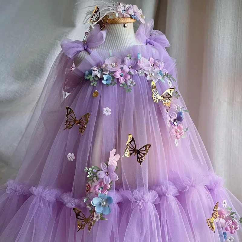 

Kids Girl Clothes Summer 2024 New Flower Mesh Fluffy Yarn Baby Purple Princess Dress Flower Dresses Wear