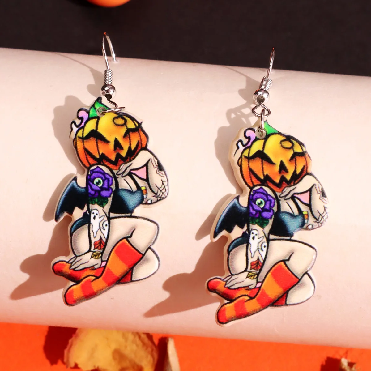 Halloween Pumpkin Head Girl Geometric Earrings Unique Punk Tattoo Girl Earrings Whimsical Cute Acrylic Women's Jewelry Party