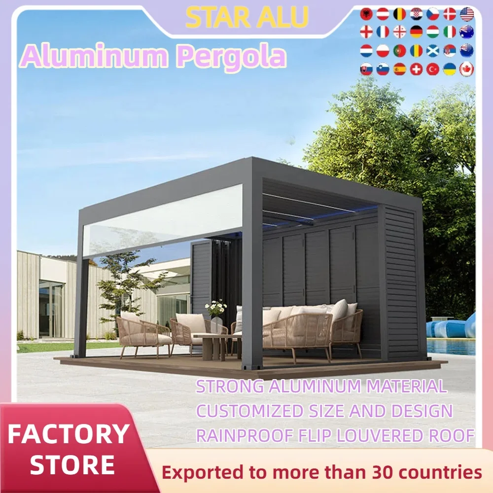 

Изготовленные на заказ биоклиматические алюминиевые жалюзи Pergola Privacy, алюминиевые жалюзи с экраном, ручные моторизованные уличные жалюзи с откидной крышей