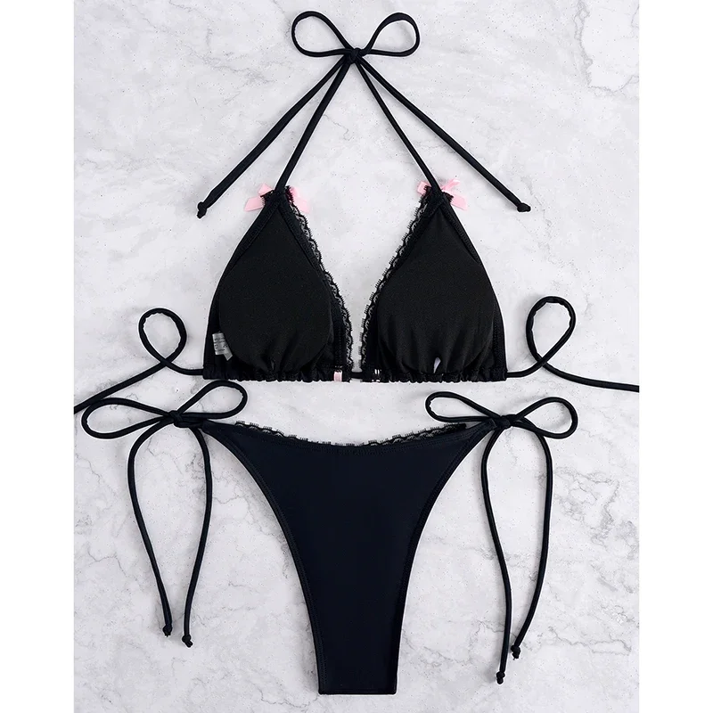 Sexy Bikini Badeanzug Frauen Patchwork Bowknot Dreieck Lace Up Micro Bikini 2025 Sommer Neue Split Beachwear 2-teiliger Badeanzug