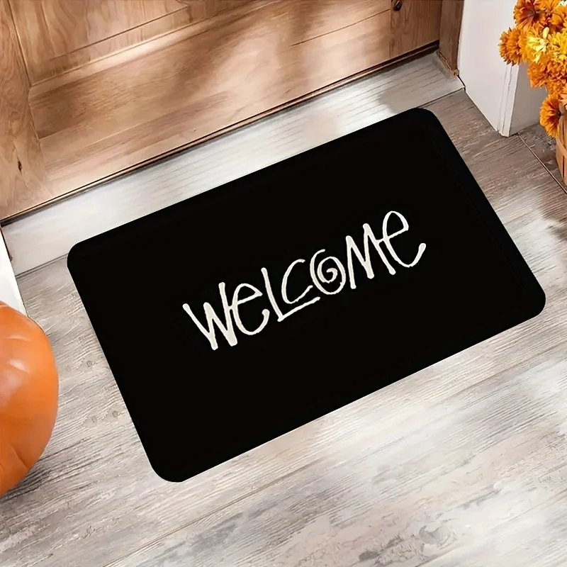 Modern Handwritten Welcome Doormat Black Background White Text Rug Non-slip Floor Mat for Entrance Porch Home Decor Carpet