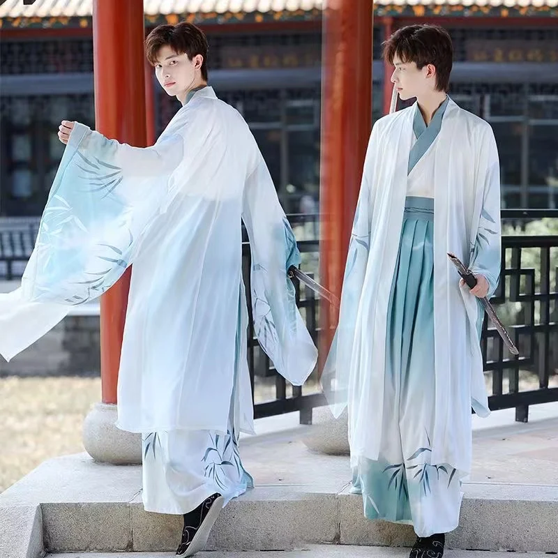 Costume de Cosplay Hanfu Chinois pour Homme, Chemise Bleue, Jupe, Veste, Ensemble de 3 Pièces Vintage, Grande Taille 2XL, Halloween