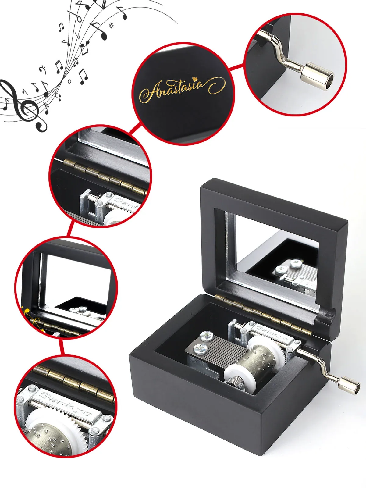 SOFTALK Anastasia-Once Upon a December Black Mirror Hand operated Solid Wood Music Box Birthday, Christmas, Valentine's Day Gift