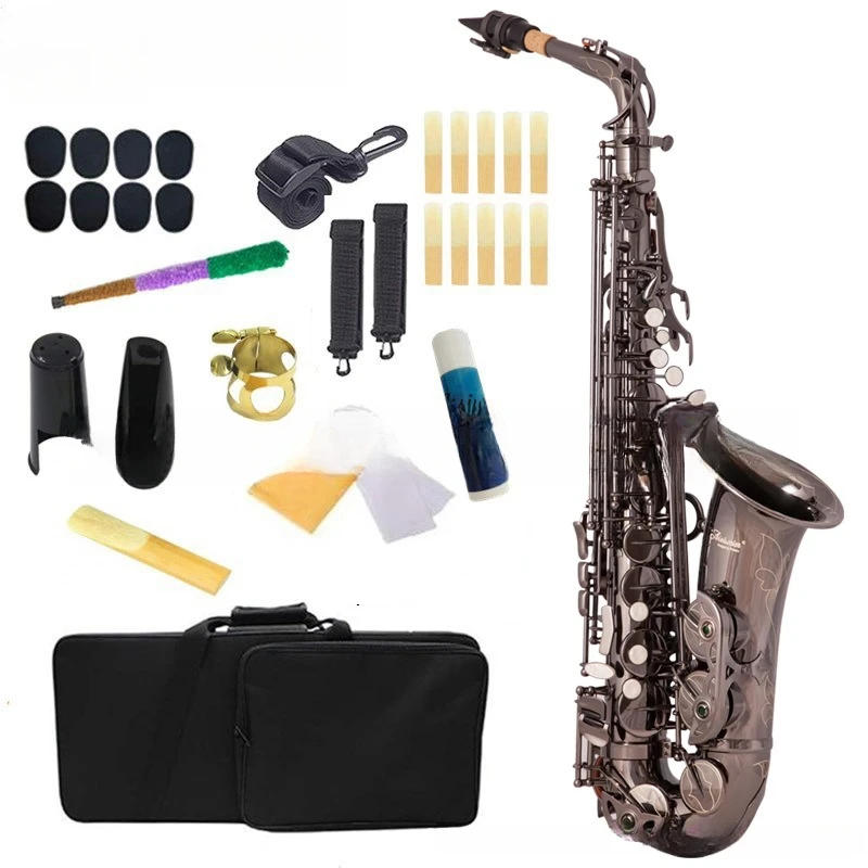 Black Nickel Plated Eb Alto Saxophone Handmade Carved Double‑Reinforced Keys With Full Accessories for Examination Daily Playing